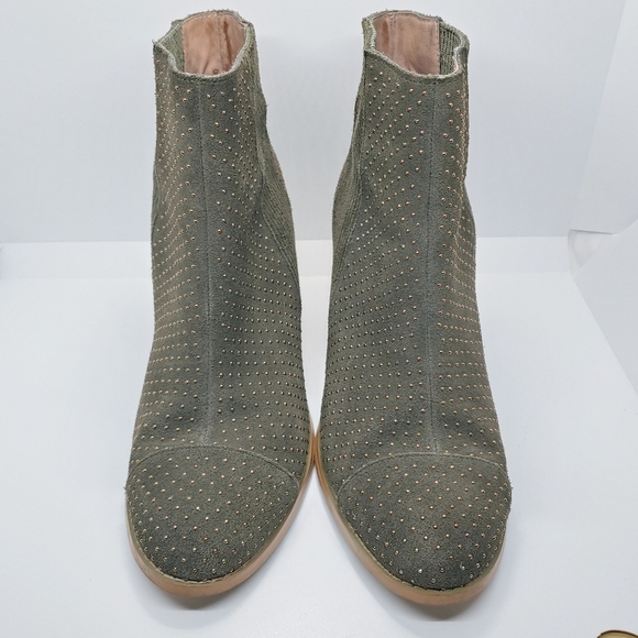 Anthropologie Olive Green Mini Gold Studded Suede Heeled Booties Sz 8 Modern - Picture 3 of 15